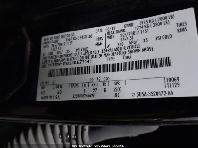 Photo 8 VIN: 1FTEW1EG3JKE77141 - FORD F-150 