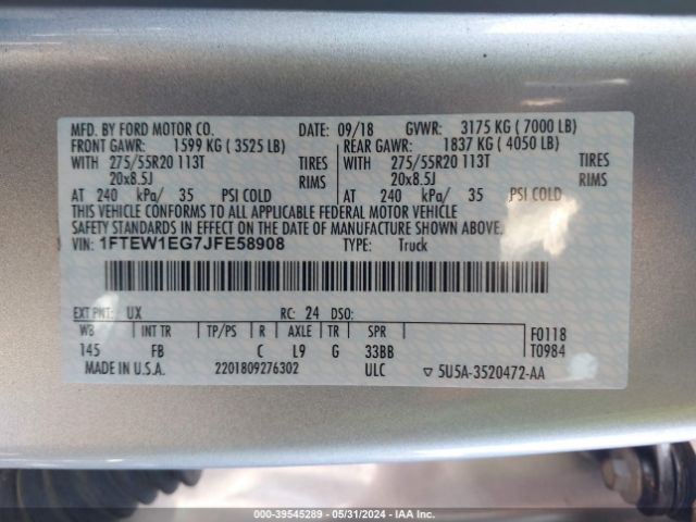 Photo 8 VIN: 1FTEW1EG7JFE58908 - FORD F-150 