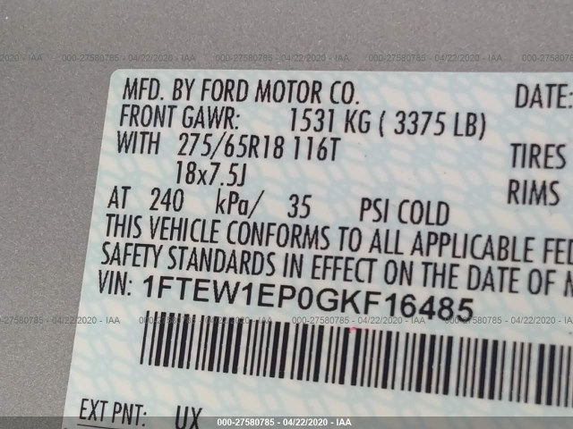 Photo 8 VIN: 1FTEW1EP0GKF16485 - FORD F-150 