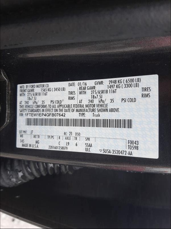 Photo 9 VIN: 1FTEW1EP4GFB07642 - FORD F150 SUPER 