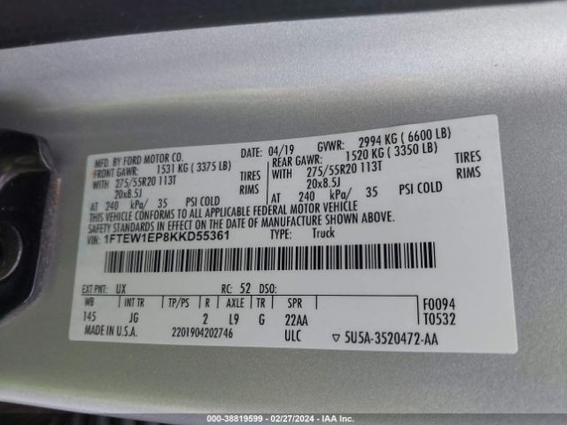 Photo 8 VIN: 1FTEW1EP8KKD55361 - FORD F-150 