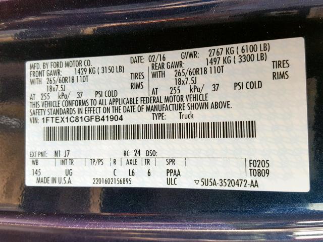 Photo 9 VIN: 1FTEX1C81GFB41904 - FORD F150 SUPER 