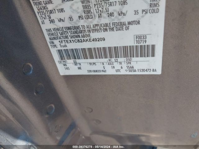 Photo 8 VIN: 1FTEX1C82AKE49209 - FORD F-150 