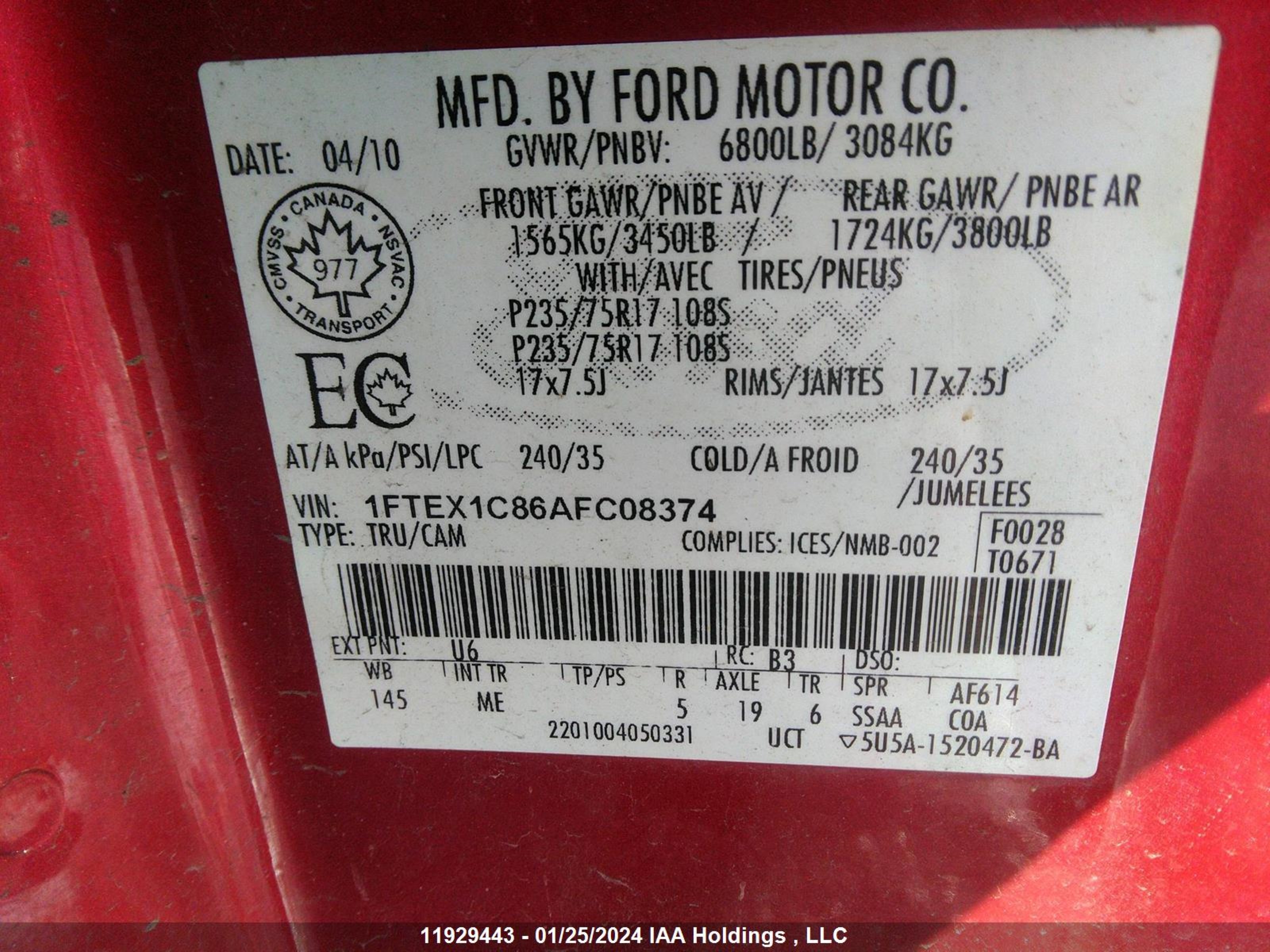 Photo 8 VIN: 1FTEX1C86AFC08374 - FORD F-150 