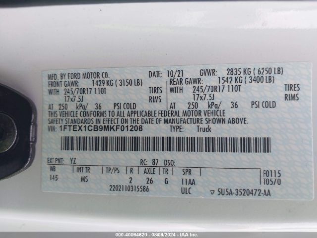 Photo 8 VIN: 1FTEX1CB9MKF01208 - FORD F-150 