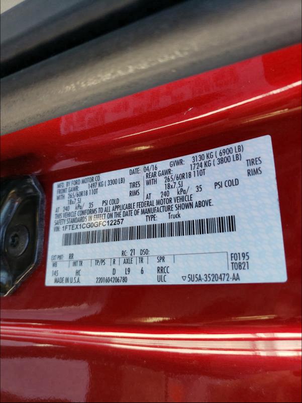 Photo 9 VIN: 1FTEX1CG0GFC12257 - FORD F150 SUPER 