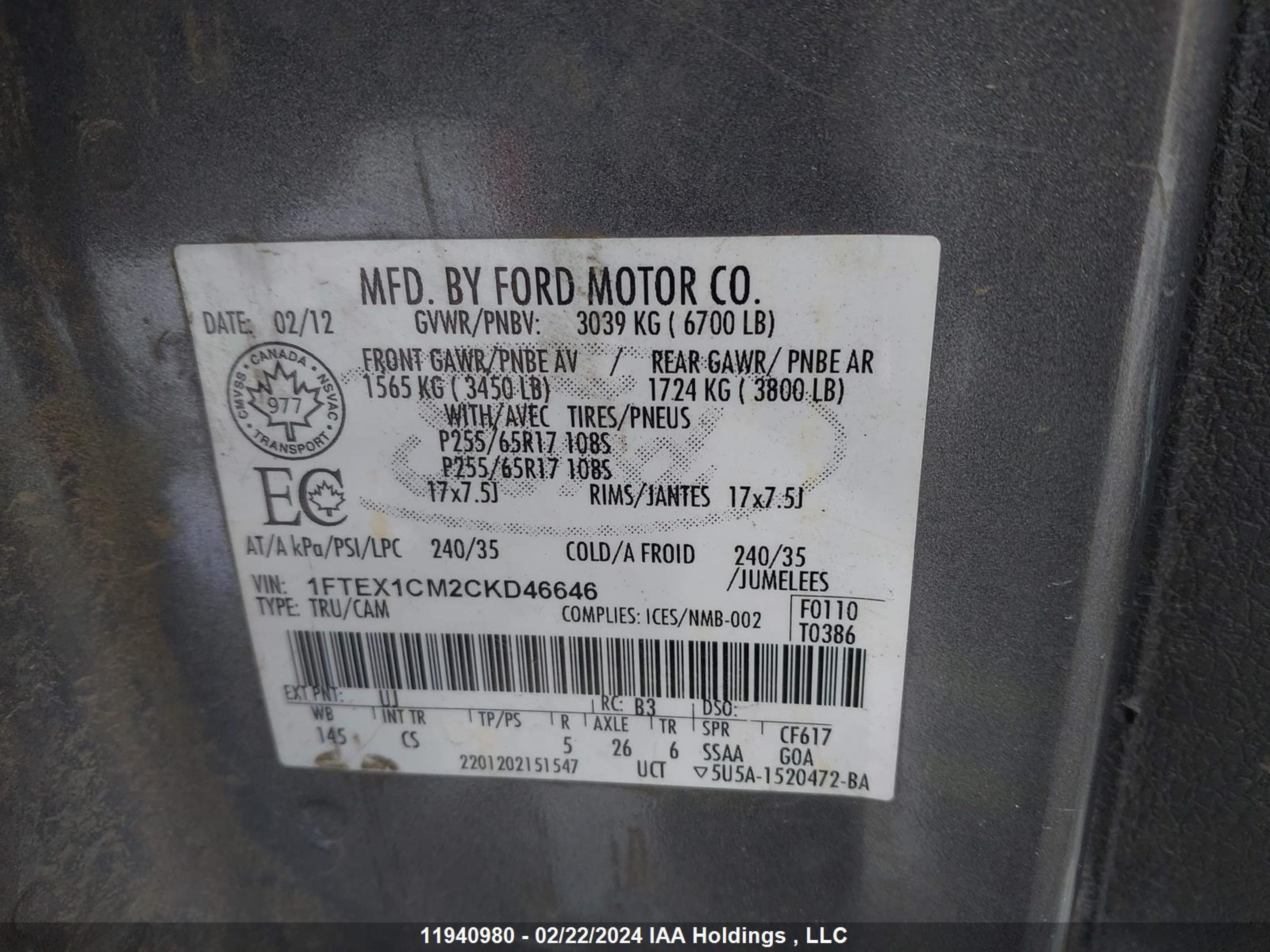 Photo 8 VIN: 1FTEX1CM2CKD46646 - FORD F-150 