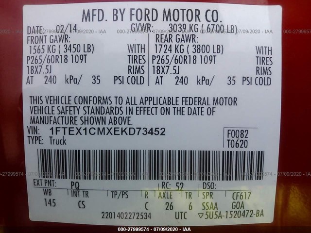 Photo 8 VIN: 1FTEX1CMXEKD73452 - FORD F-150 