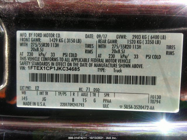 Photo 8 VIN: 1FTEX1CP1JKC34685 - FORD F-150 