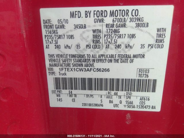 Photo 8 VIN: 1FTEX1CW3AFC56266 - FORD F-150 