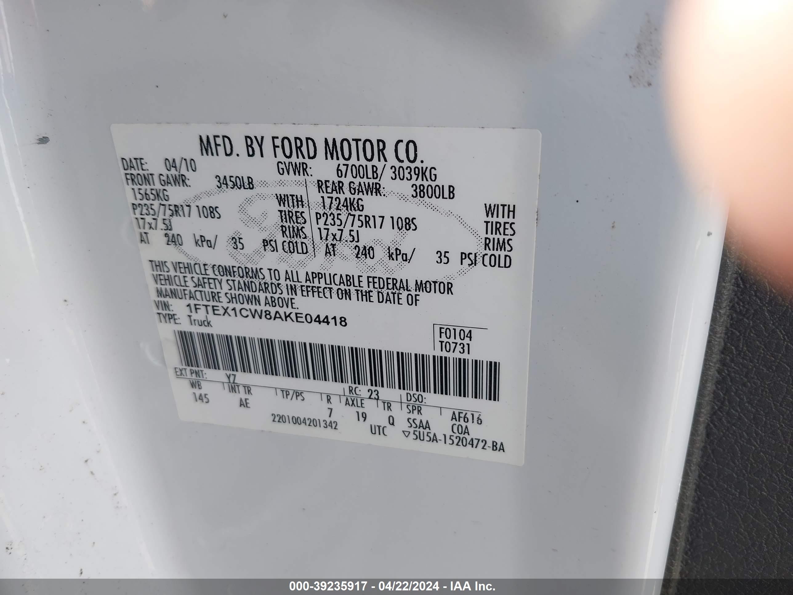 Photo 8 VIN: 1FTEX1CW8AKE04418 - FORD F-150 