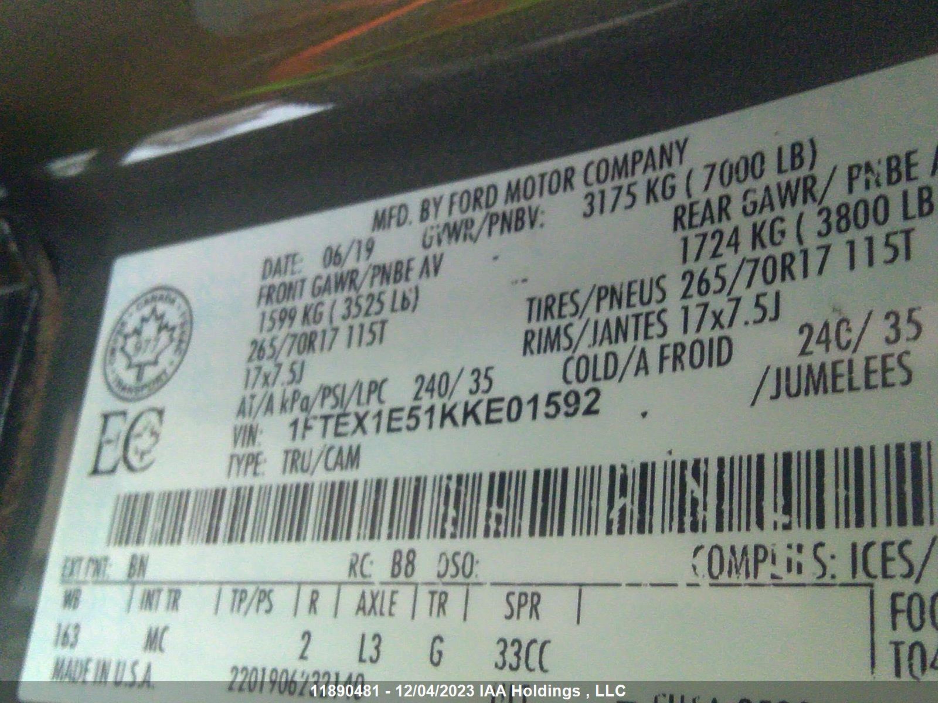 Photo 8 VIN: 1FTEX1E51KKE01592 - FORD F-150 