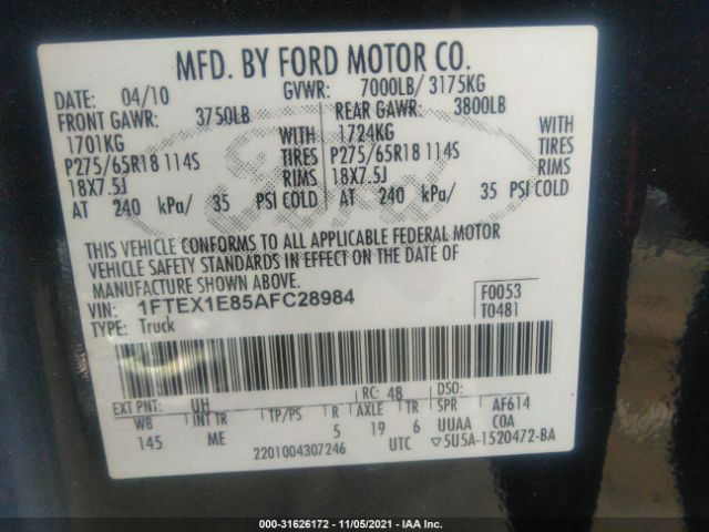 Photo 8 VIN: 1FTEX1E85AFC28984 - FORD F-150 