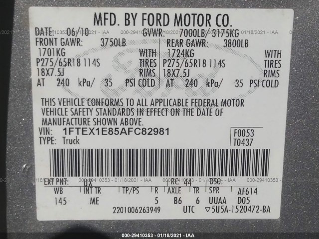 Photo 8 VIN: 1FTEX1E85AFC82981 - FORD F-150 