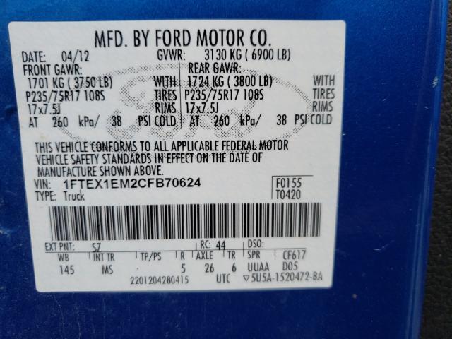 Photo 9 VIN: 1FTEX1EM2CFB70624 - FORD F150 SUPER 