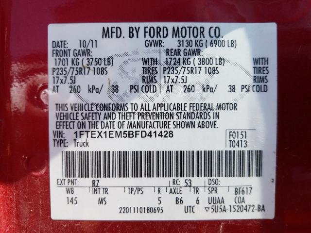 Photo 9 VIN: 1FTEX1EM5BFD41428 - FORD F150 SUPER 