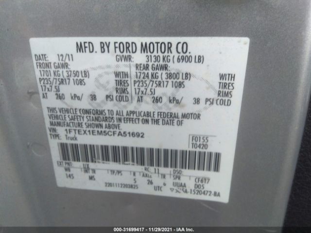 Photo 8 VIN: 1FTEX1EM5CFA51692 - FORD F-150 