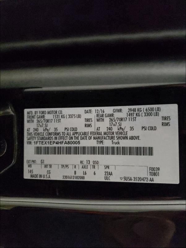 Photo 9 VIN: 1FTEX1EP4HFA80005 - FORD F150 SUPER 