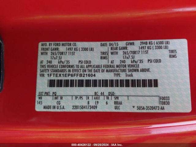 Photo 8 VIN: 1FTEX1EP6FFB21604 - FORD F150 SUPER 