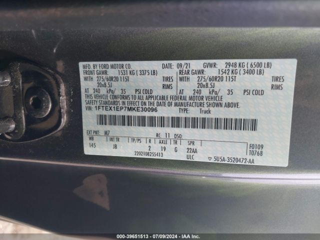 Photo 8 VIN: 1FTEX1EP7MKE30096 - FORD F-150 