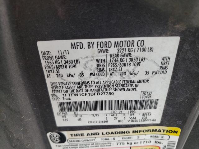 Photo 9 VIN: 1FTFW1CF1BFD27750 - FORD F150 SUPER 