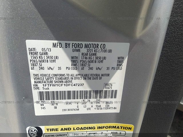 Photo 8 VIN: 1FTFW1CF1DFC47237 - FORD F-150 