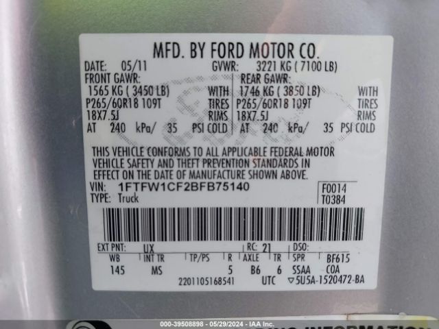 Photo 8 VIN: 1FTFW1CF2BFB75140 - FORD F-150 