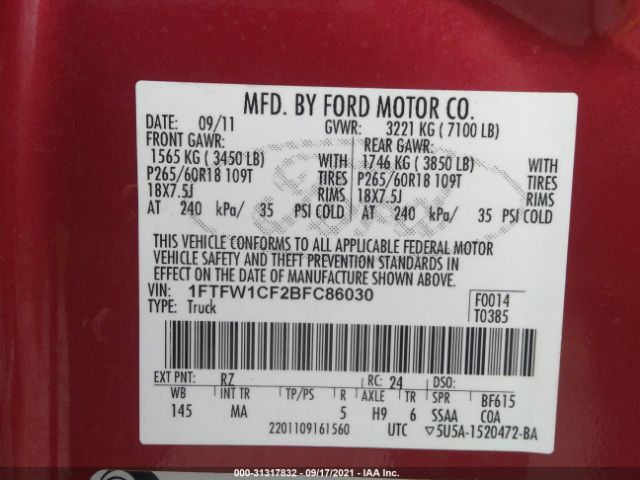 Photo 8 VIN: 1FTFW1CF2BFC86030 - FORD F-150 