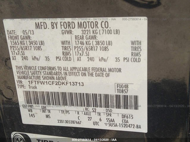 Photo 8 VIN: 1FTFW1CF2DKF13713 - FORD F-150 