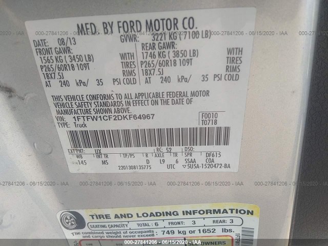 Photo 8 VIN: 1FTFW1CF2DKF64967 - FORD F-150 