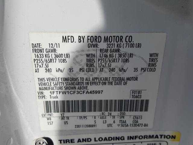 Photo 9 VIN: 1FTFW1CF3CFA45997 - FORD F150 SUPER 