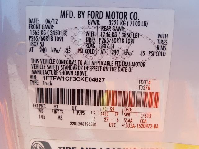 Photo 9 VIN: 1FTFW1CF3CKE04627 - FORD F150 SUPER 