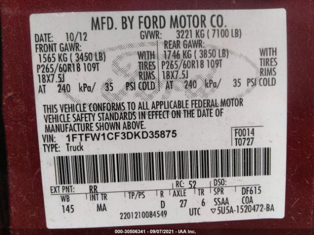 Photo 8 VIN: 1FTFW1CF3DKD35875 - FORD F-150 