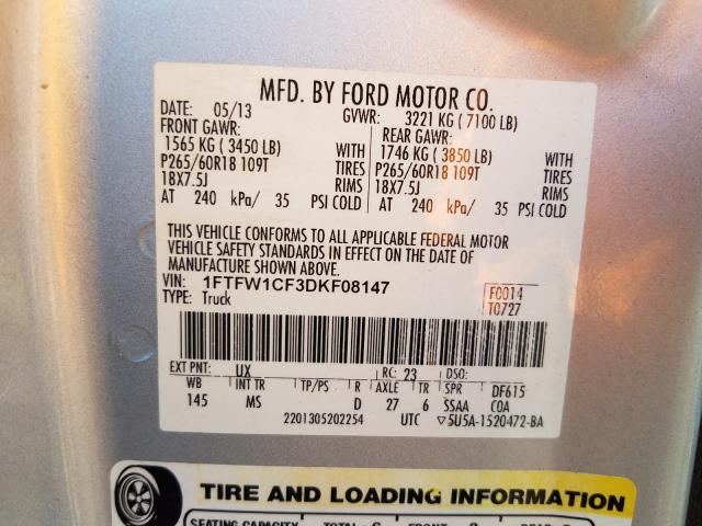 Photo 9 VIN: 1FTFW1CF3DKF08147 - FORD F150 SUPER 