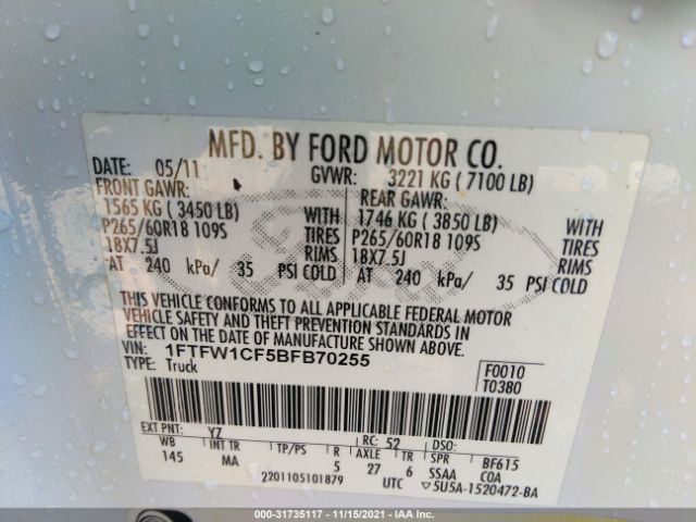 Photo 8 VIN: 1FTFW1CF5BFB70255 - FORD F-150 