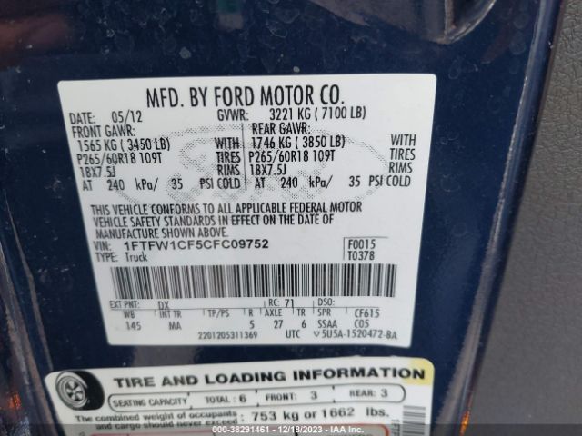 Photo 8 VIN: 1FTFW1CF5CFC09752 - FORD F-150 