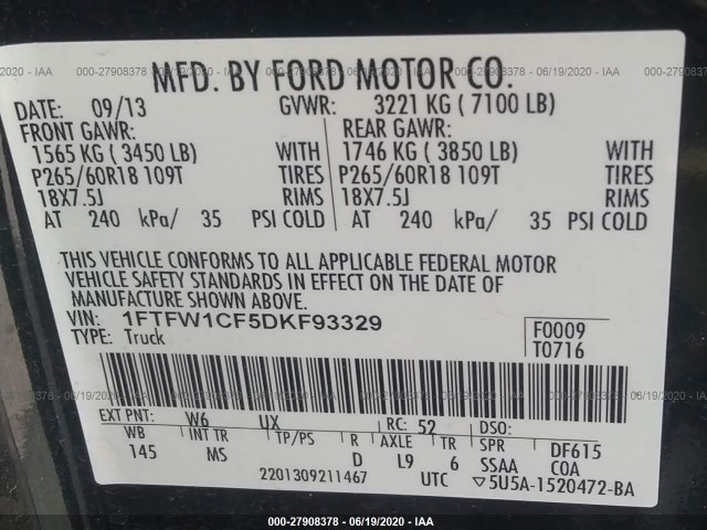 Photo 8 VIN: 1FTFW1CF5DKF93329 - FORD F-150 