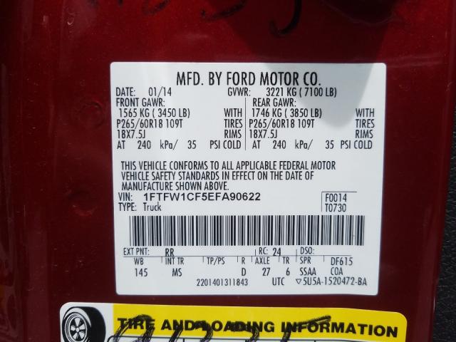 Photo 9 VIN: 1FTFW1CF5EFA90622 - FORD F150 SUPER 