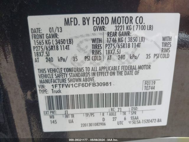 Photo 8 VIN: 1FTFW1CF6DFB30981 - FORD F-150 