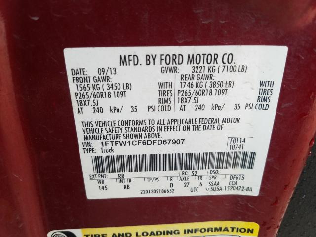 Photo 9 VIN: 1FTFW1CF6DFD67907 - FORD F150 SUPER 