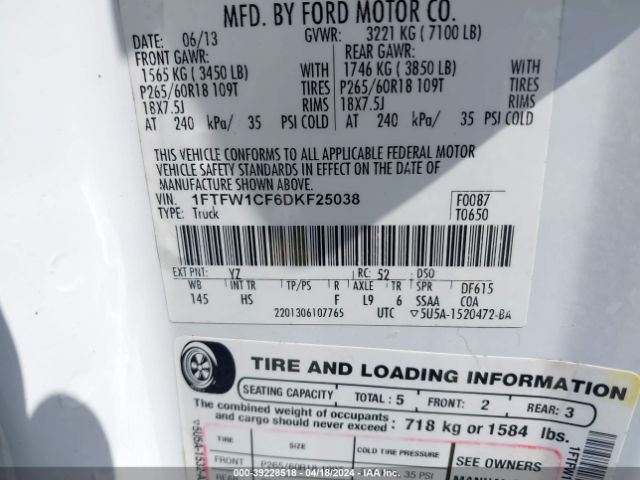 Photo 8 VIN: 1FTFW1CF6DKF25038 - FORD F150 