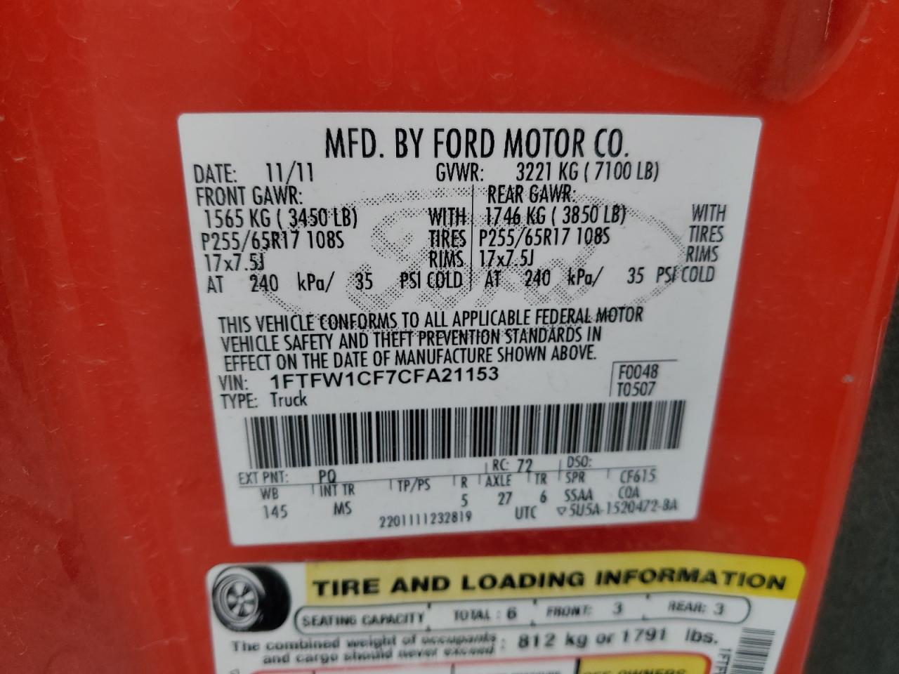 Photo 11 VIN: 1FTFW1CF7CFA21153 - FORD F-150 