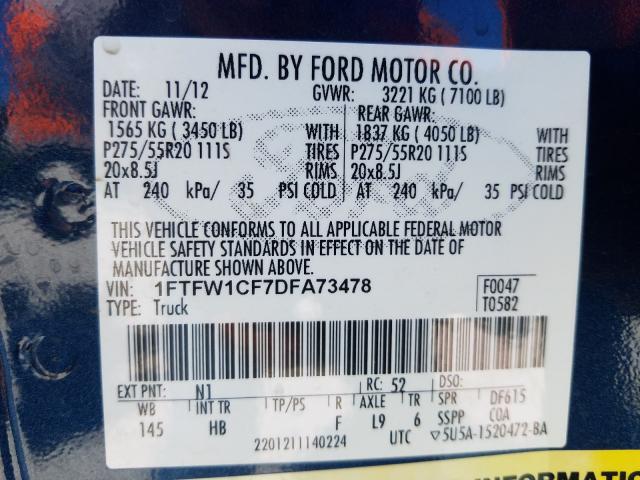 Photo 9 VIN: 1FTFW1CF7DFA73478 - FORD F150 SUPER 