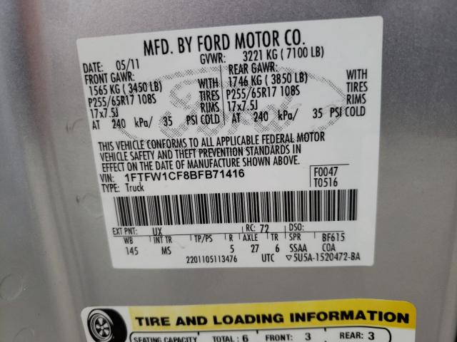 Photo 9 VIN: 1FTFW1CF8BFB71416 - FORD F150 SUPER 