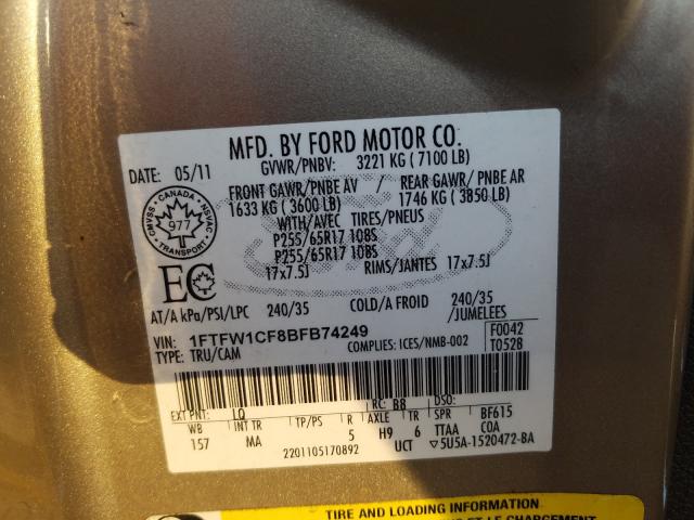 Photo 9 VIN: 1FTFW1CF8BFB74249 - FORD F150 SUPER 