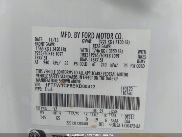 Photo 8 VIN: 1FTFW1CF8EKD00413 - FORD F-150 