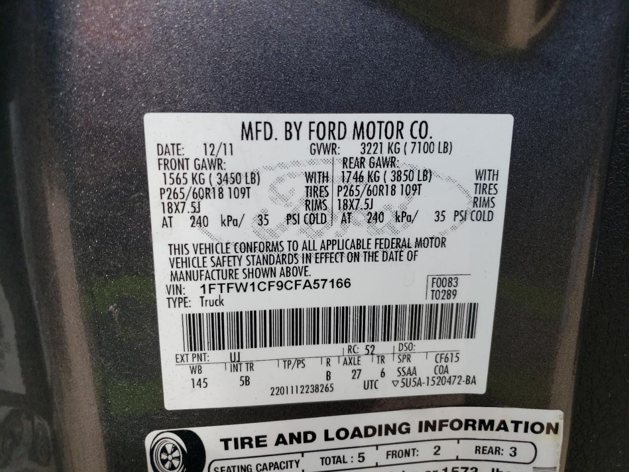 Photo 11 VIN: 1FTFW1CF9CFA57166 - FORD F-150 