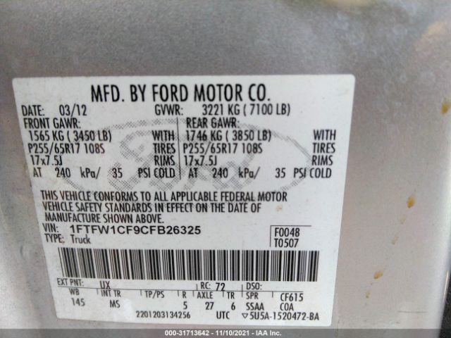 Photo 8 VIN: 1FTFW1CF9CFB26325 - FORD F-150 