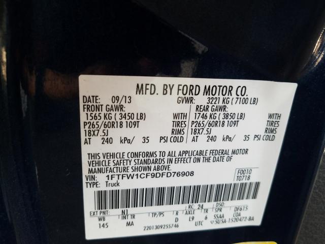 Photo 9 VIN: 1FTFW1CF9DFD76908 - FORD F150 SUPER 