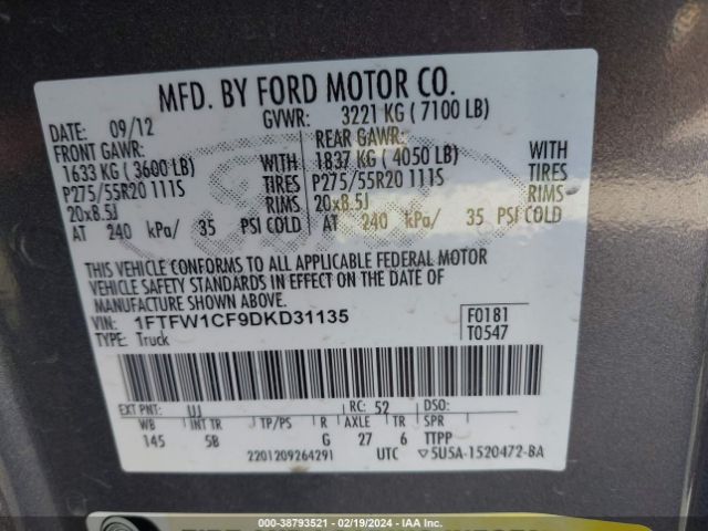 Photo 8 VIN: 1FTFW1CF9DKD31135 - FORD F-150 